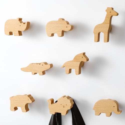 Image of Beeveer 8 Pack Safari Animal Kids Coat Hooks Wall Mount Wooden Coat Rack for Kids Room Nursery Wood Wall Hooks for Hanging Hats, Backpacks, Towels, Keys and Clothes