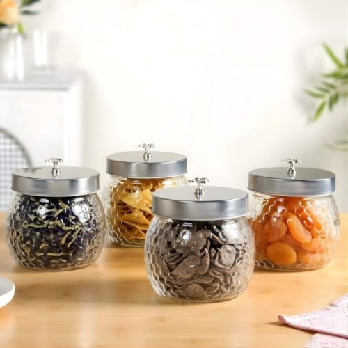 Image of Nestasia Set of 4 Glass Jars with Metal Lid (900ml Each) | Airtight Durable & 100% Food Safe Glass Container for Kitchen Storage - Ideal for Pickle, Dry Fruits, Pulses & Snacks (Honeycomb Design)