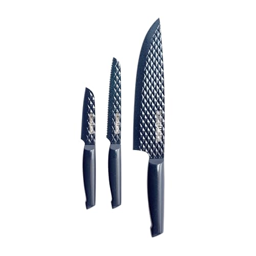 Comparison: Best Blue Diamond Cook Ware 11 Blue Diamond Sharp Stone Nonstick Stainless Steel Cutlery, 3 Piece Set including Chef Serrated and Pairing Knives with Covers, Diamond Texture Blade, Dishwasher Safe, Blue
