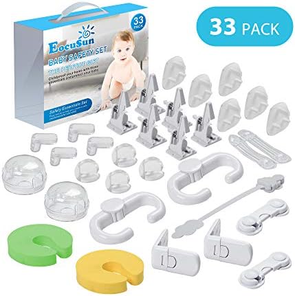 Baby Proofing, 33 Pcs Child Safety Cabinet Locks, 8 Cabinet Locks, 8 Corner Protectors, 6 Outlet Covers, 6 Drawer Locks, No Drill Required Baby Safety Locks, 3M Adhesive Baby Proofing Kit
