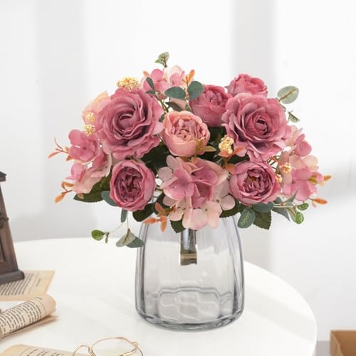 Gdfnmogo Ramo de peonías artificiales de otoño, elegantes flores de seda para bodas y decoración del hogar, arreglos florales vibrantes con flores realistas hechas (rosa profundo)