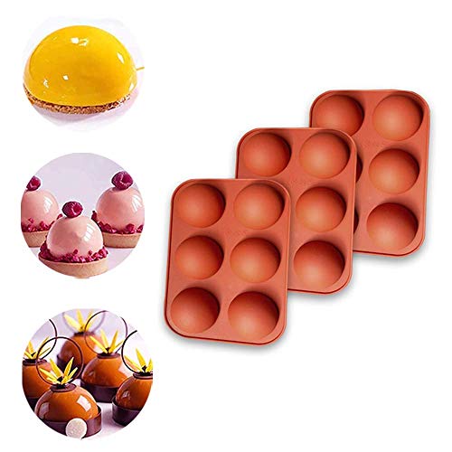 YEJAHY Lot de 3 moules en silicone à 6 trous en forme de demi-sphère - Moule à gâteau en silicone anti-adhésif pour gelée, pudding, bonbons, chocolat - Rouge Cover