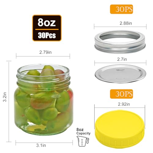 30 Pack 8oz Mason Jars with Lids for Jam, Honey, and More