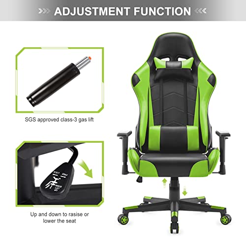 Sedia da Gaming, Ergonomica Sedia da Ufficio, Sedile Sport di Lusso Sedia Gamer, Reclinabile con Braccioli e Poggiatesta Cuscino Lombare, Sedia PC (Verde) - Sedia gaming - Immagine 5