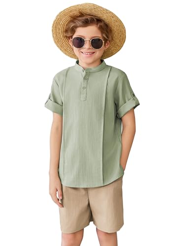 Image of Arshiner Boy's 2 Pieces Linen Sets Short Sleeve Henley Shirt and Shorts Summer Beach Matching Outfits 4-12 Years