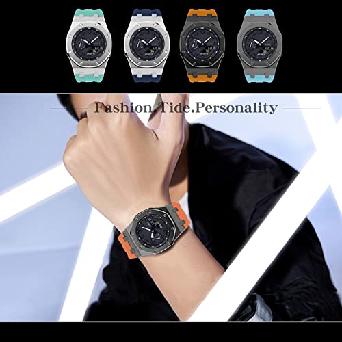 Image of GA2100 Stainless Steel Watch Case with Metal Watchband and Rubber Strap Mod Kit - Compatible with GA-2100 /GA-2110 /GA-B2100 Series - Watch Part Replacement