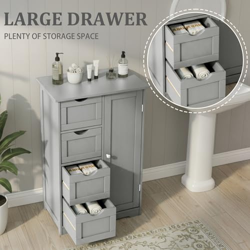 Image of Vasitelan Bathroom Wooden Floor Cabinet, Side Storage Organizer with 4 Drawers and 1 Cupboard, Freestanding Entryway Storage Unit Console Table,22 inch W x 11.8 inch D x 31.5 inch H (Gray)
