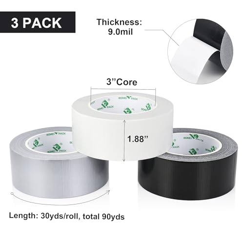 Image of BOMEI PACK Black White Silver Duct Tape 1.88inch x 30yds, 9.0mil Heavy Duty Industrial Strong Duct Tape for Indoor Outdoor Repair Fixation Reinforcement Sealing, Total 3Rolls 90Yds