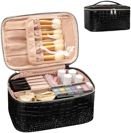 OCHEAL Makeup Bag, Portable Cosmetic Bag, Large Capacity Travel Makeup Case Organizer, Black Makeup Bags for Women Toiletry Bag for Girls Traveling With Handle and Divider-Leather