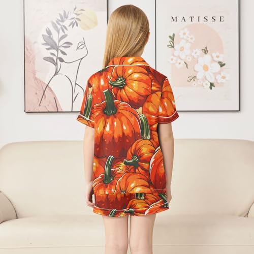 Satin Pajama Sets Short Sleeve Fall Pumpkin Pattern in Orange Button Down Silky Nightwear 2 Piece PJS 5-14Y4
