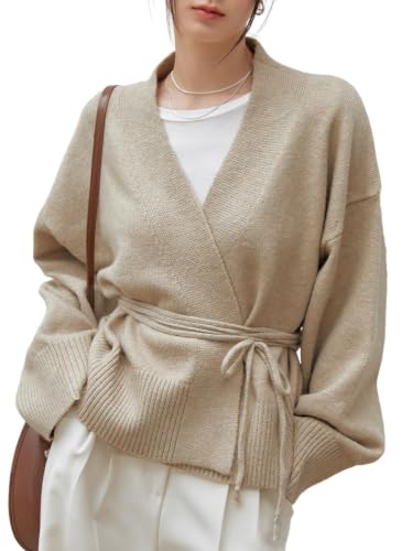 Image of WDIRARA Women's Wrap Long Sleeve Tie Front Cardigan | V Neck, Belted Sweater, Casual, Long Sleeve, Tie Waist, Knit Top