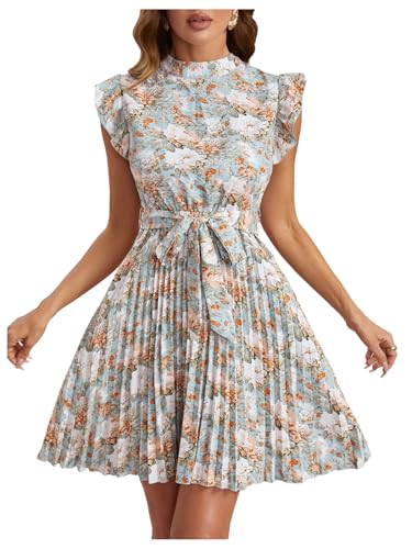 Image of Milumia Women's Floral Print Ruffle Cap Sleeve Short Dress Belted Pleated Casual Dresses