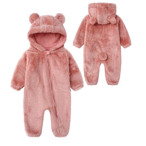 Baby Furry Jumpsuit Infant Bear Onesies Zipper Long Sleeve One-Piece Romper Hoodie Baby Outwear Snowsuit, Pink, 6-9 Months
