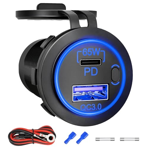12V USB Outlet, 18W QC 3.0 USB A & 65W PD USB C Car Charger Socket with ON Off Switch for Car Golf Cart Boat Marine Bus Truck RV Marine Motorcycle
