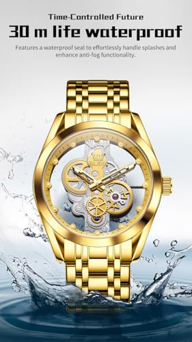 Image of OLEVS Skeleton Watch for Men Original Analog Quartz Luxury Black Stainless Steel Waterproof Luminous Men's Modern Wrist Watch