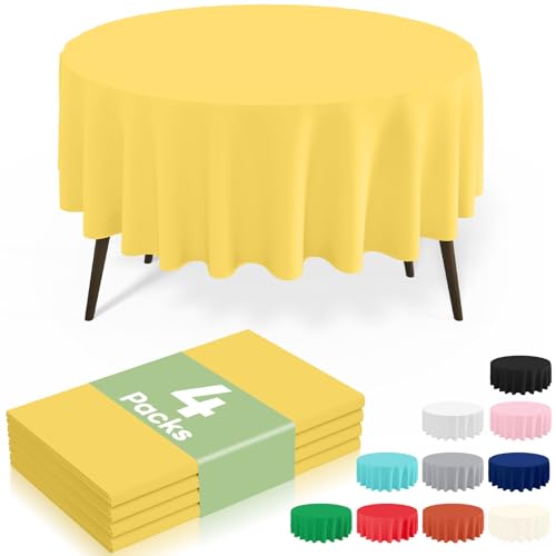 Image of 4 Packs Disposable Plastic Table Cloth, 84 inch Round Waterproof Tablecloth, Leakproof & Sturdy Decorative Table Covers for Picnic, Party, Outdoor and Back to School, Yellow