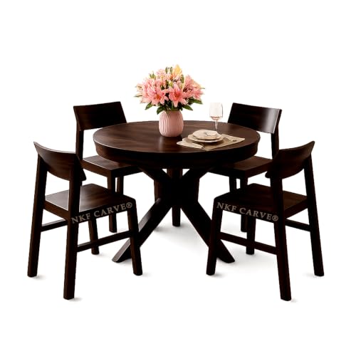 Image of Wooden Dining Table & Chair Set for 4 Person | Solid Sheesham Wood Round Dining Table with Curved Backrest Pattern Chairs | Modern & Trending Style Design for Home & Dining Room | Walnut Finish