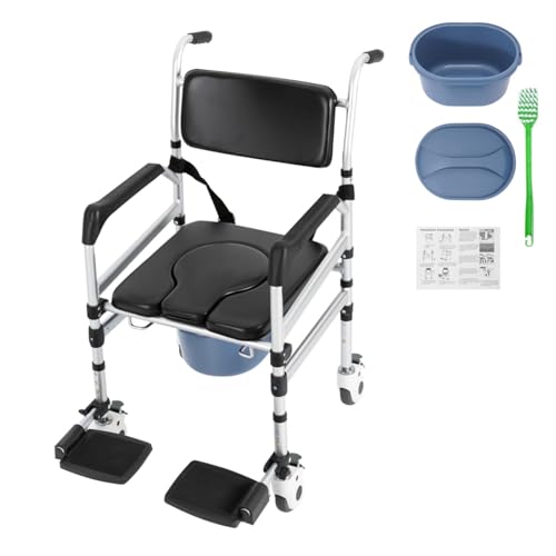 Chaise de douche à roulettes pliable et réglable en hauteur en aluminium avec siège en forme de U et insert WC pour personnes âgées, femmes enceintes,...