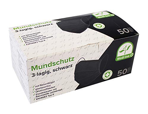 Medi-Inn+ Mundschutz Atemschutz Gesichtsmaske Einwegmaske mit Elastikbändern Typ II 3-lagig schwarz