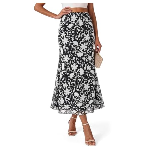 Wenrine Blumen Maxi Rock A-Linie Leopard Lang Rock Elastische Hohe Taille Maxirock Casual Punkte Rock Schwarz XL