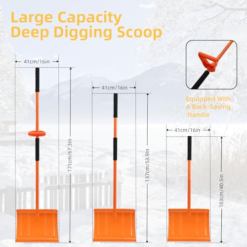 67 Inch Heavy Duty Snow Shovel with Ergonomic Labor-Saving Tool Handle Large Capacity Shovel for Snow Removal Snow Shovel for Driveway Rooftop Outdoor, Orange - Image 4