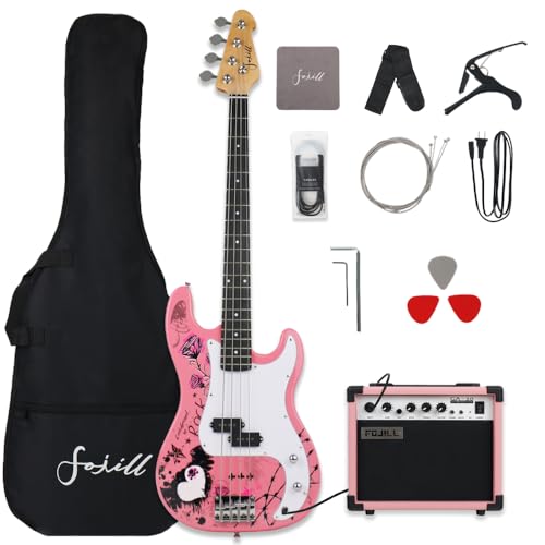 Fojill Full Size 4 Four String Electric Bass Guitar 20W Amplifier Amp Right Hand Beginner Starter Kit Set Combo Bundle Accessory Gig Bag,Strap,Picks,Capo,Noiselss Cable,Strings (Pink Rock)