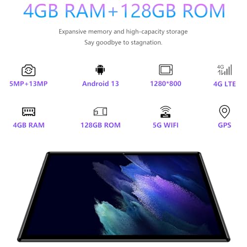 Image of Tablet Android Tablets, 2024 New Octa-Core Android 13 Unlocked Tablet with SIM Card Slot, 128GB ROM+4GB RAM, 10 Inch 5MP+13MP Camera /5G WIFI GPS /BT /6000mAh /1280*800 IPS Screen /Cellular Tablet