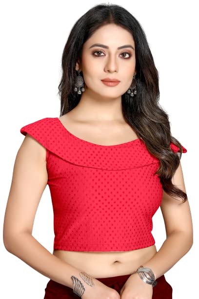 Image of Cotton Lycra Stretchable Off Sholder Short Sleeves Saree Blouse Readymade Crop Top Choli for Girls and Womens