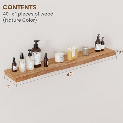 Image of Floating Shelves for Wall Decor, Rustic Solid Elm Wood Live Edge Floating Shelves Wall Mounted, Wall Shelves with Invisible Bracket for Living Room Bathroom Bedroom Kitchen, 40 Inch Set of 1, Natural
