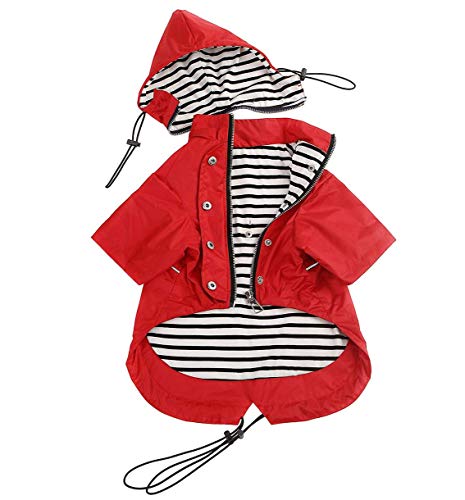 Ctomche - Chubasquero con cremallera para perro, resistente al agua, cordón ajustable, capucha extraíble para mascotas, chaqueta para perro con tira reflectante roja-XL