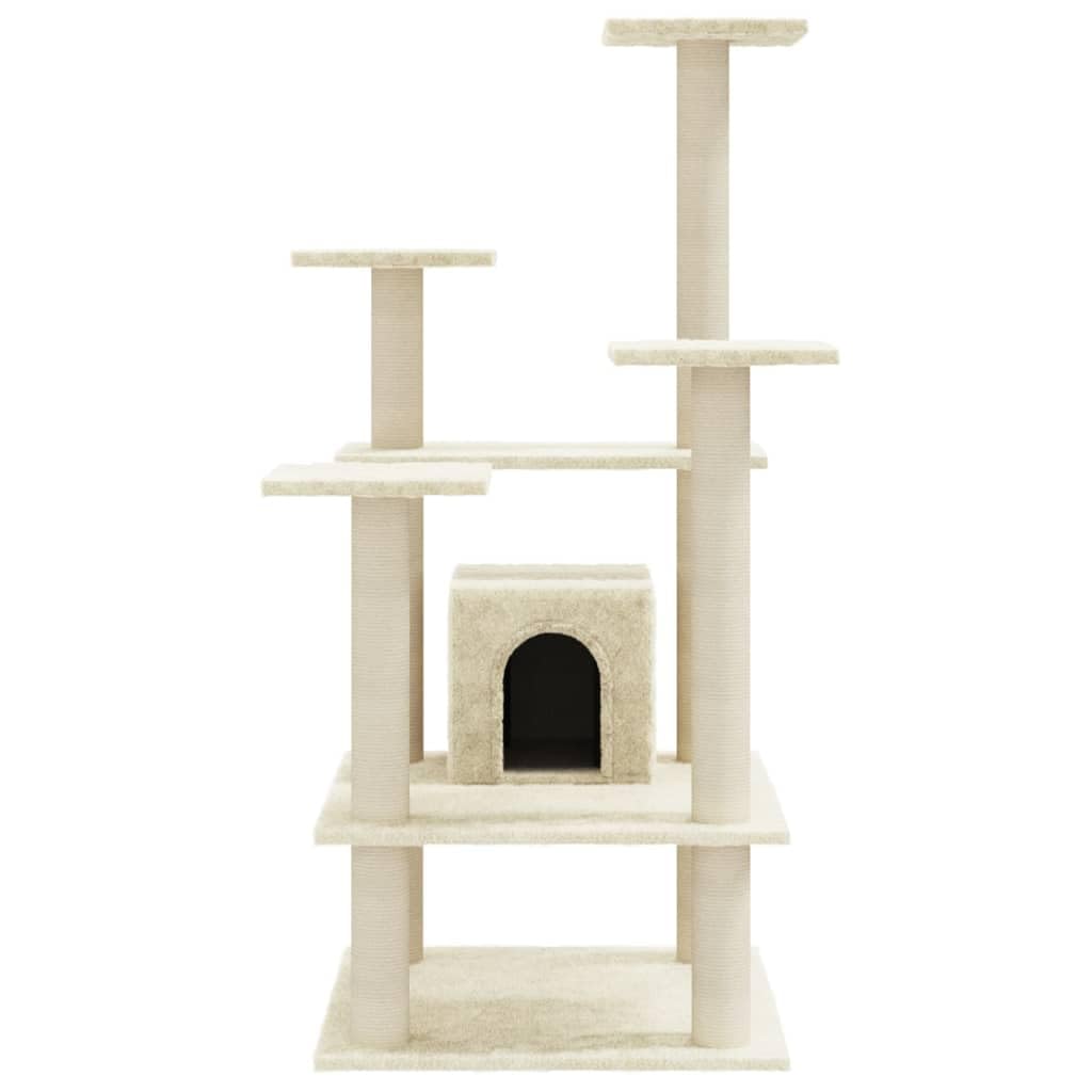 Kratzbaum 110 cm mit Sisal-Kratzsäulen und Höhle Creme | Stabiler Kletterbaum fürs Wohnzimmer mitgemütlicher Katzenhöhle und weichen Aussichtsplattformen in Creme.