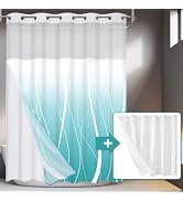Blue Ombre Shower Curtain Set - Striped Floral Design, No Hooks Needed, Includes Liner - View #2