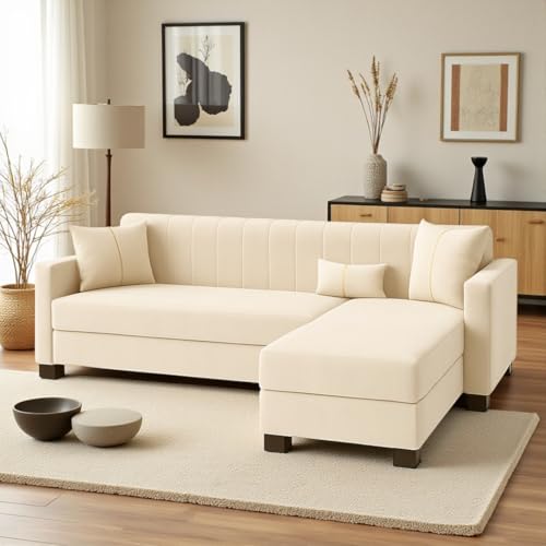 Image of SOCOZI Almeria 4 Seater RHS L Shape Sofa Set | Soft Velvet Suede Fabric | Modern Design | Plush Comfort Cushions for Living Room (Cream)
