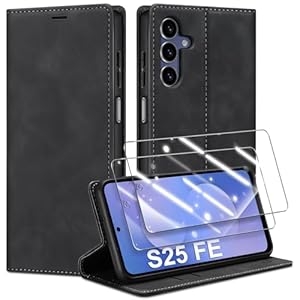 Guisessy Handyhülle für Samsung Galaxy S25 FE 5G Hülle und 2 Schutzfolie, Premium Leder Klappbar Flip Wallet Case, [Magnet] [Kartenfach] [Standfunktion] Schutzhülle für Samsung S25 FE, Schwarz