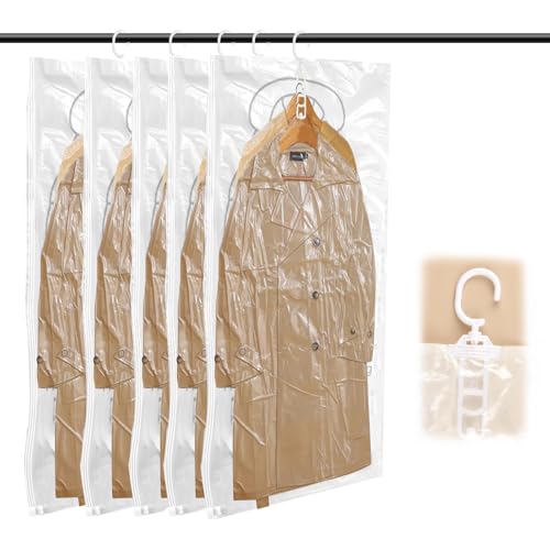 Bolsas al Vacio Ropa con Percha, 5 Piezas Colgante Bolsas Almacenamiento al Vacío, Bolsa Vacio Colgar para Abrigos, Cuelga 4 Capas Cada Uno, Ahorra Espacio (110 x 70 cm)
