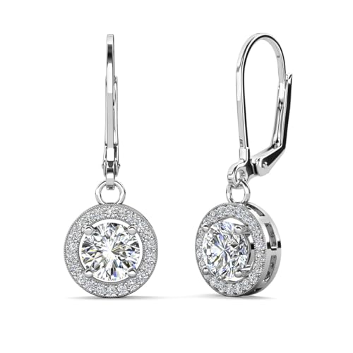Cate & Chloe Juliana 18k Gold Round Cut CZ Halo Drop Earrings, Dangling Crystal Round Cut Earring Set for Women, Cubic ZIrconia Halo Earrings, Wedding Anniversary Jewelry