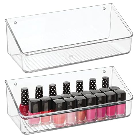 mDesign Set of 2 Wall Mounted Storage Tray - Hanging Plastic Tray for Accessories and Small Items - Ideal Hallway and Cupboard Organiser Tray - Clear Cover