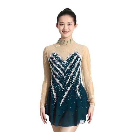 Girl's Shiny Rhinestones Figure Skating Dress, Women's Handmade Competition Ice Skating Dresses, Customizable(Large) Green