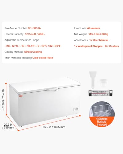 VEVOR BD-505JA 17 Freestanding Top Open Door Commercial Chest Freezers, Large Deep Removable Baskets, Locking Lid, Adjustable Temp for-18.4℉-10.4℉/32℉ to 50℉, LED Lighting, 6 Wheels, 17.2 Cu.ft, White on Fridge.com