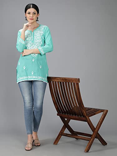 Image of Seva Chikan Hand Embroidered Lucknowi Chikankari Cotton Short Top Tunic for Women SCL9017