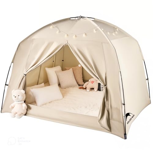 Bed Tents for Kids and Adult, Portable 100% Breathable and 85% Blackout Toddler Dream Play Tent, 3 Doors Big Privacy Space Sleeping Canopy for Floor or Twin Full Queen Sizes Bed (Khaki, Twin-Size)