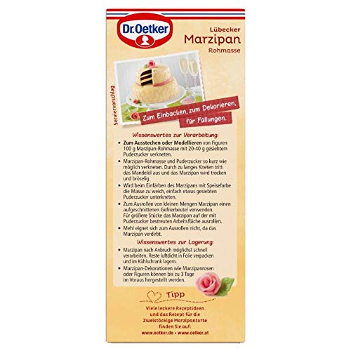 Dr. Oetker Lübecker Marzipan Rohmasse, 200 g, Marzipan-Rohmasse mit 53% Mandeln, zum Backen und Dekorieren von Torten, Kuchen & Gebäck, Qualität aus Lübeck, vegan