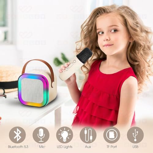 Image of TEQO Karaoke Mic with Speaker for Singing, Rchargeable Wireless Mini Portable Bluetooth Speaker with Microphone & LED Lights, Cute Birthday Gift for Kids Musical Toys for Boys, Girls and Adults