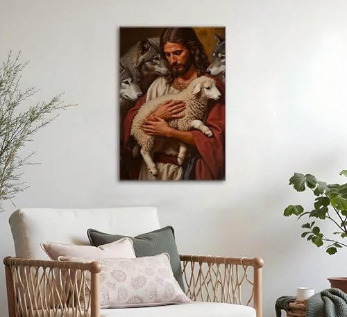 Jesus and Lamb Canvas Wall Art Jesus Saves the Lost Lamb Painting Picture Wall Decor Christian Shepherd Religious Poster Print Artwork for Church Room Living Bedroom Office Home Decoration Framed