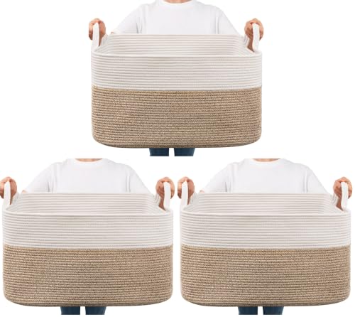 Image of Goodpick Large Woven Blanket Basket, 21.6 inch x 14.9 inch x 11.8 inch Storage Baskets for Organizing, Rectangle Cotton Rope Toy Basket for Living Room, Bedroom, White & Brown (Pack of 3)