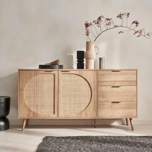 Image of Goldview Modern Wooden Sideboard Cabinet - Natural Oak Finish, Rattan Door Panels, 3 Storage Drawers, Contemporary Living Room Furniture