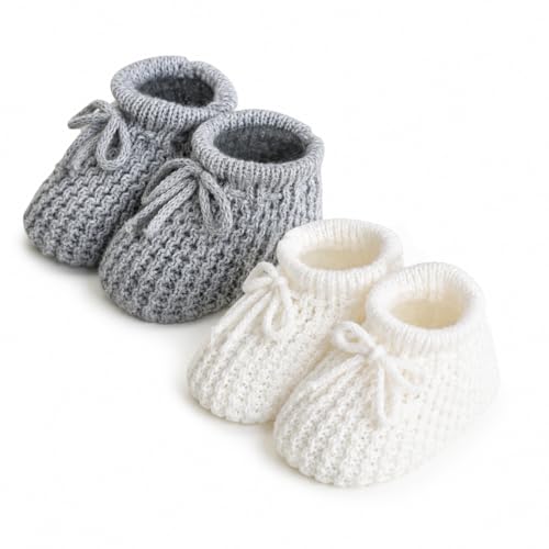 Image of BBsky Baby Booties Set of 2 Newborn Baby Warm Knitted with Bow Soft Booties Infant Boy Girl White Grey