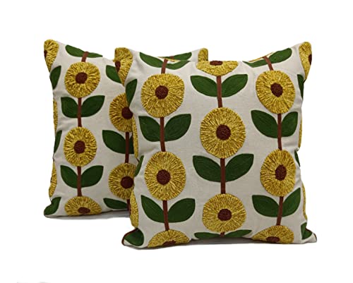 Image of Embroidery Cushion Cover (Design-Flower,Yellow &Green)|Pack of 1 Pc|100% Cotton Covers|16X16 Inches,Zipper Closure,Best for Sofa,LivingRoom,Decoration (Size-40cmx40cm) (1)