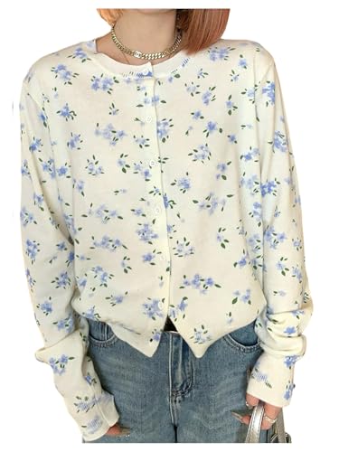 Women's Ditsy Floral Button Up Cardigans Long Sleeve Knit Lightweight Sweaters Outwear