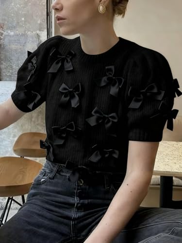 Image of Women's Sweaters Knitted Crewneck Puff Bubble Short Sleeve Pullover Tops Casual Bow T Shirts Chic Blouses